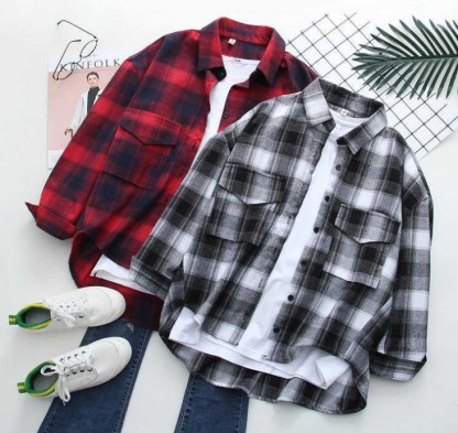 Autumn and winter big plaid shirt female students BF style casual loose big shirt class coat