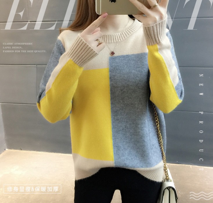 毛衣女宽松韩版套头学生拼色圆领女长袖百搭打底衫潮
