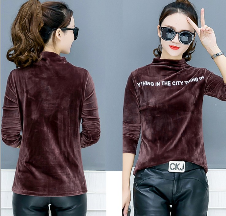 European Station embroidered women's velvet T-shirt, slim-fitting base layer, solid color semi-high neck long-sleeved Application Scenario