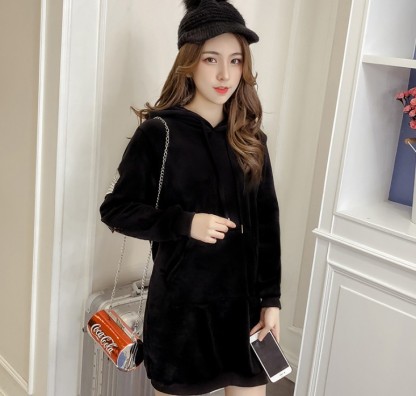The new loose velvet hooded mid-length hooded sweatshirt with embroidered back is thickened and fleece details Picture