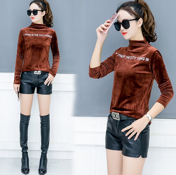 European Station embroidered women's velvet T-shirt, slim-fitting base layer, solid color semi-high neck long-sleeved Specification image