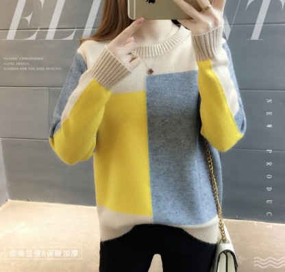 毛衣女宽松韩版套头学生拼色圆领女长袖百搭打底衫潮