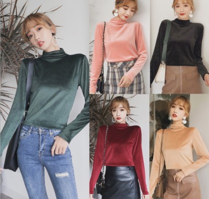 The new autumn and winter bestseller velvet long-sleeved T-shirt, women's high-neck pullover, slimming top and base layer
