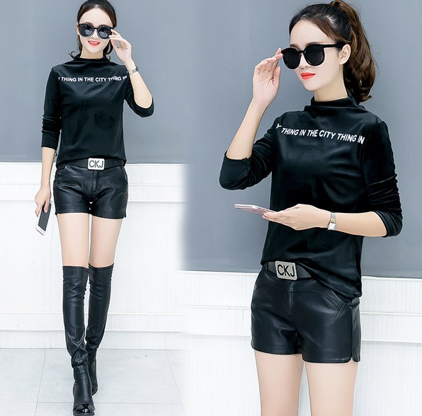 European Station embroidered women's velvet T-shirt, slim-fitting base layer, solid color semi-high neck long-sleeved