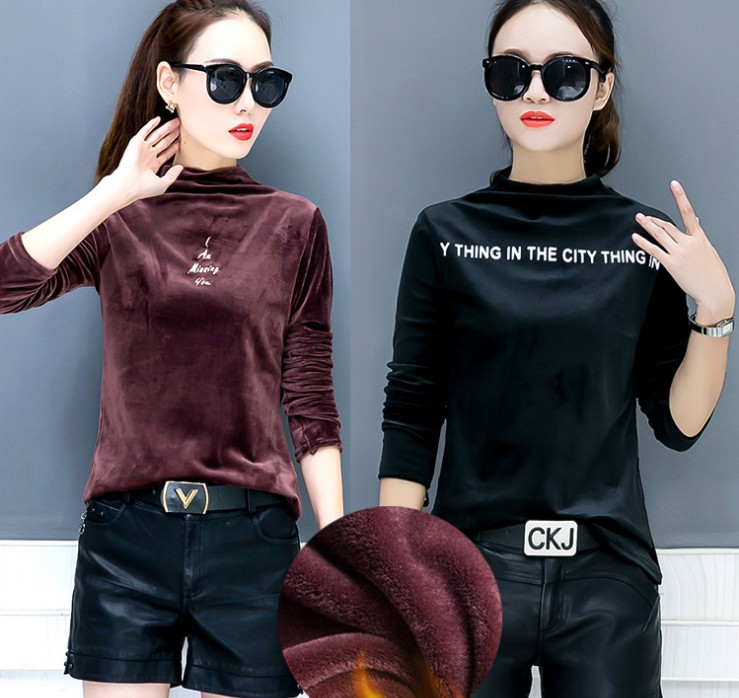 European Station embroidered women's velvet T-shirt, slim-fitting base layer, solid color semi-high neck long-sleeved details Picture