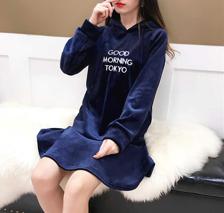 Double-sided fleece mid-length hoodie for women, silver fox fleece fashionable loose dress, plus-size with hat