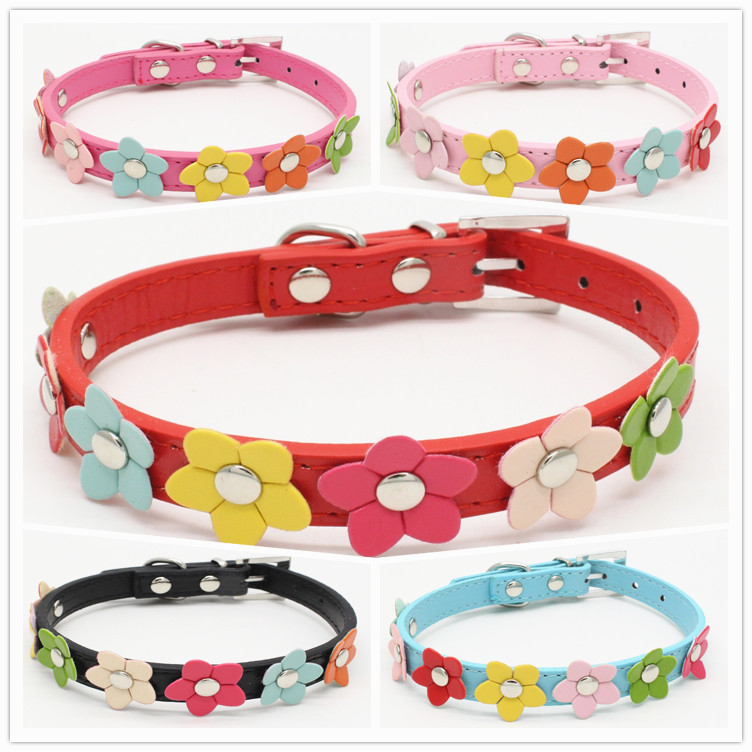 宠物项圈单排小花七彩花狗项圈太阳花PU狗链产品图
