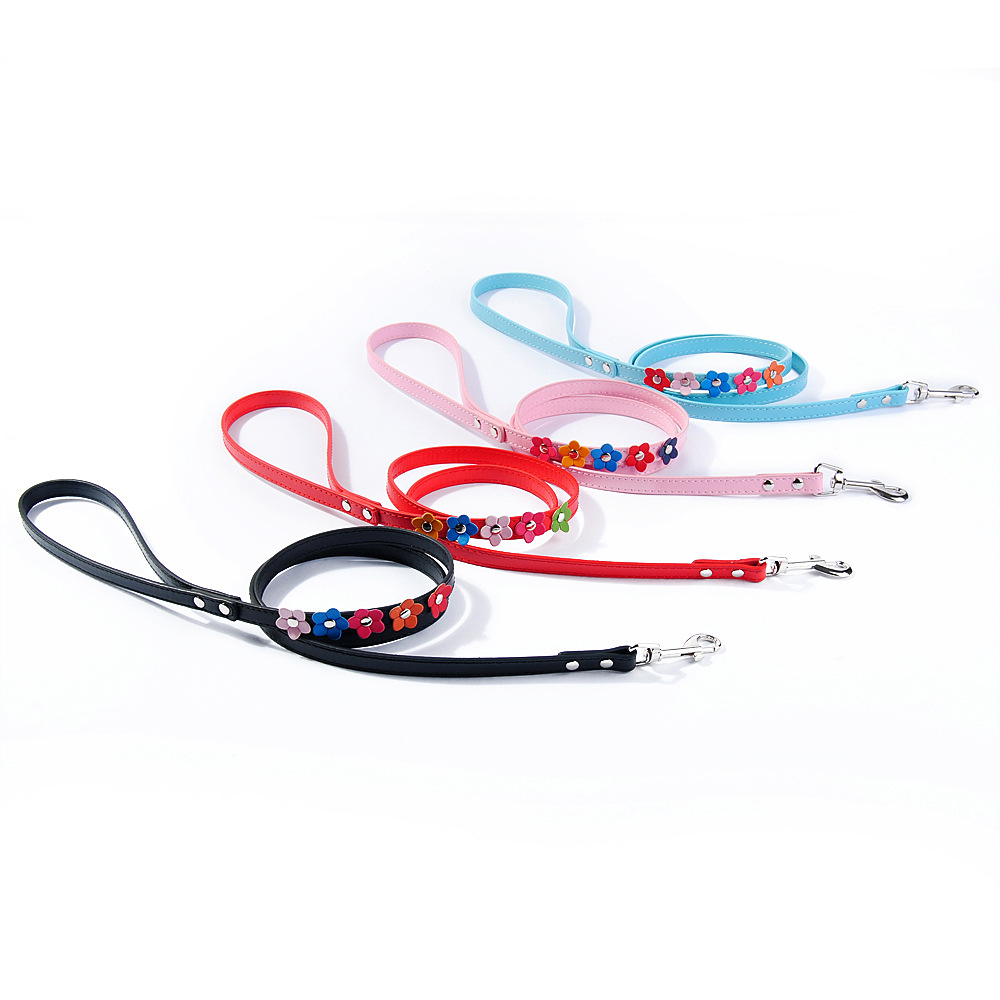 宠物项圈单排小花七彩花狗项圈太阳花PU狗链细节图