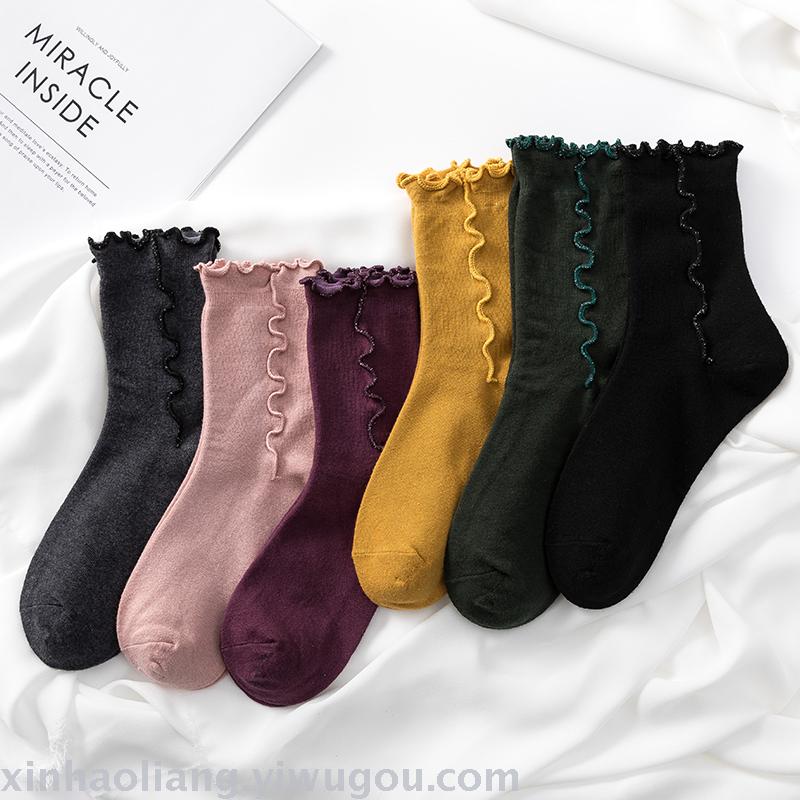 纯色侧身金丝木耳边装饰女袜 基础百搭