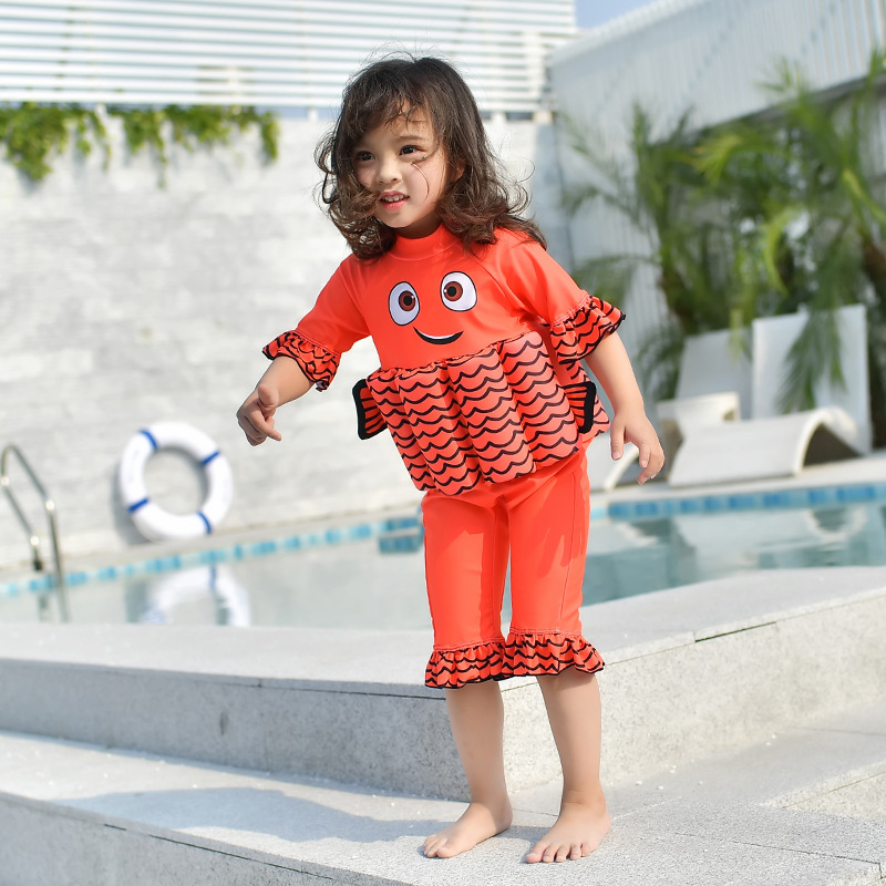 Children's one-piece swimsuit Boys and girls Kids Learn to swim Buoyancy floating swimsuit Short sleeve sunscreen cartoon details Picture