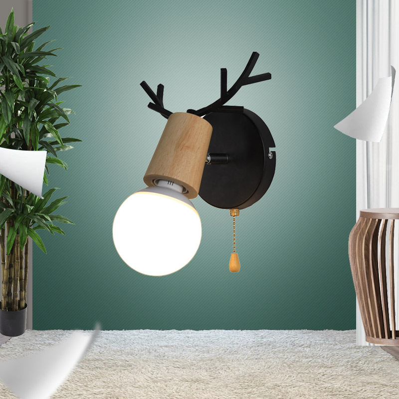 Modern and simple Nordic style living room, bedroom, bedside, wall lamp, ironwork zipper, creative deer head and antler small wall lamp details Picture