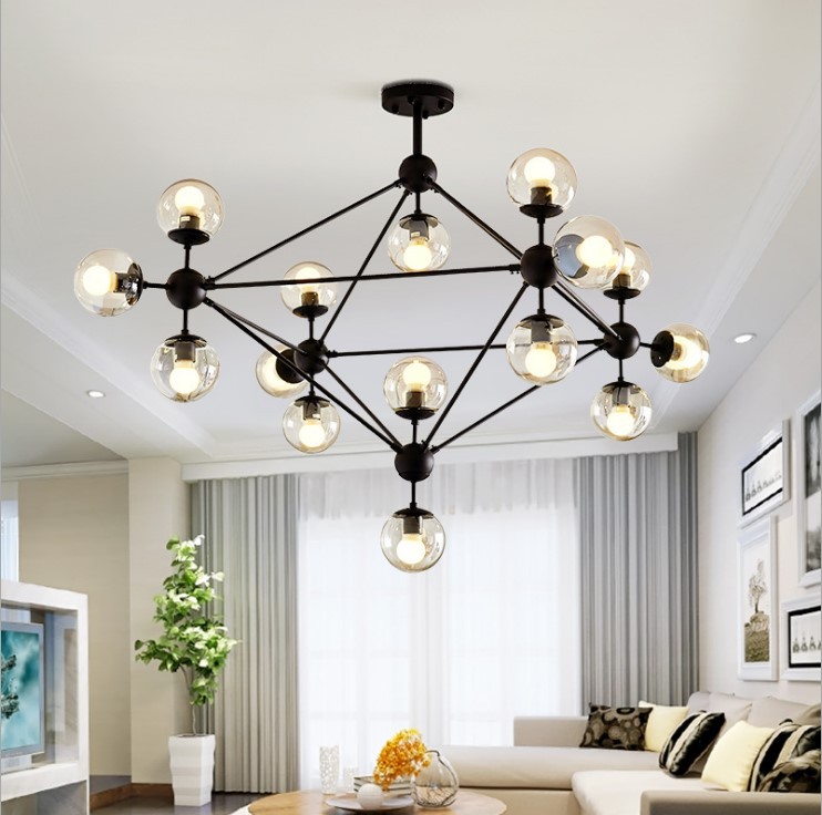 Magic Bean Simple Nordic style creative American LED retro ironwork glass round ball living room and dining room chandelier details Picture
