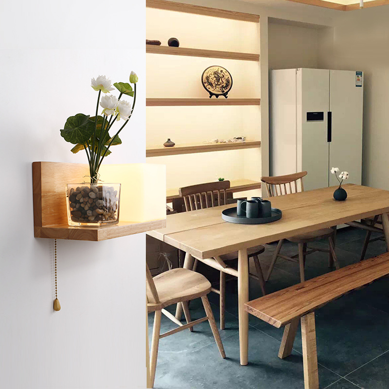 Nordic creative LED bedroom bedside lamp Chinese solid wood hotel wall lamp