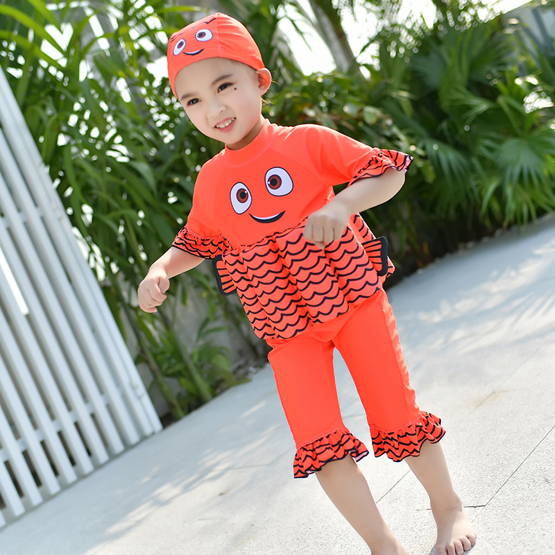 Children's one-piece swimsuit Boys and girls Kids Learn to swim Buoyancy floating swimsuit Short sleeve sunscreen cartoon full figure