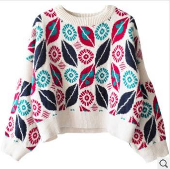 Sweater women loose short ethnic style pullover lantern sleeve round neck print wear warm jacket