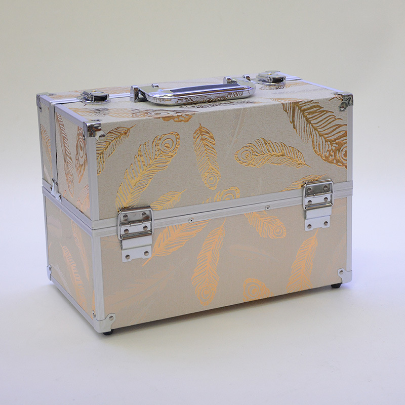 New feathered makeup case aluminum portable makeup case, second floor, double-open beauty tattoo case, manicure kit