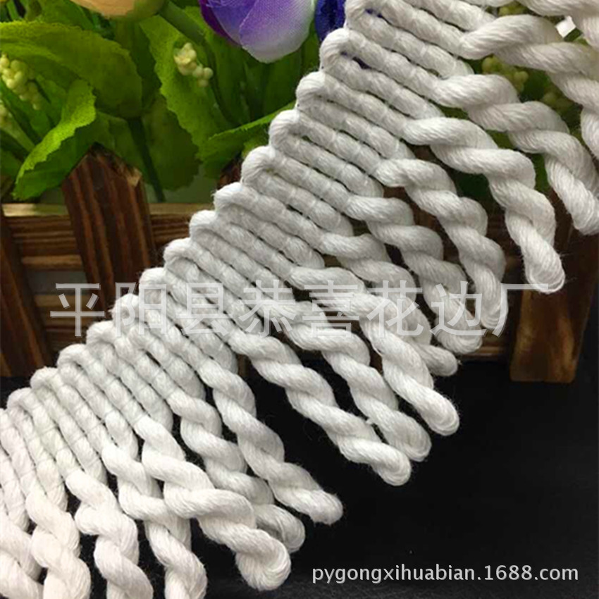 【厂家直销】供应6CM涤棉排须流苏花边/供应漂白涤棉沙滩巾绳排