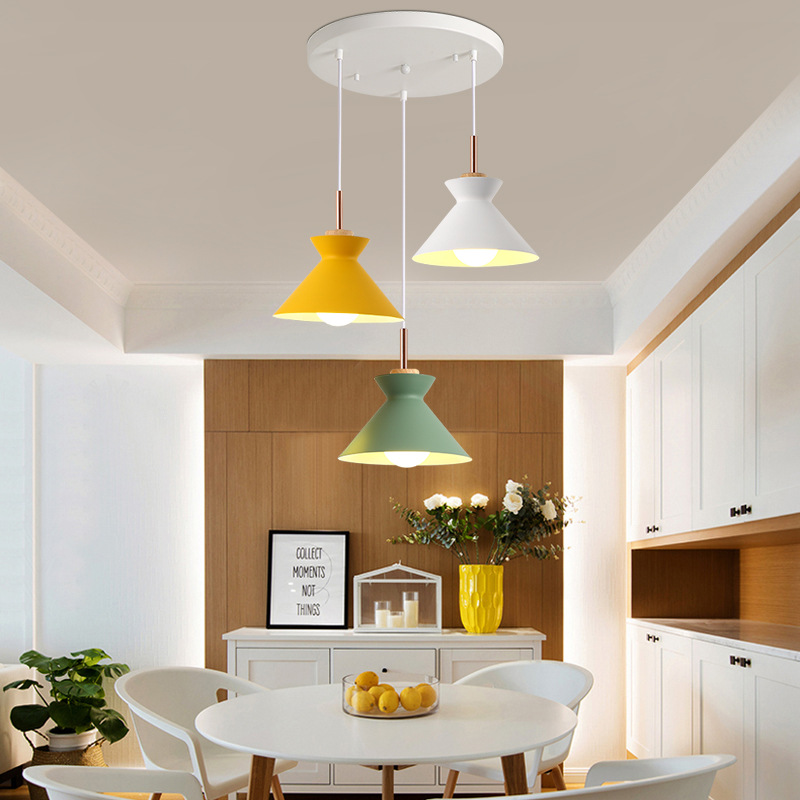 Nordic lighting fixtures, simple, individual and creative bar counter, colorful modern three-headed restaurant, coffee shop, macaron chandelier details Picture
