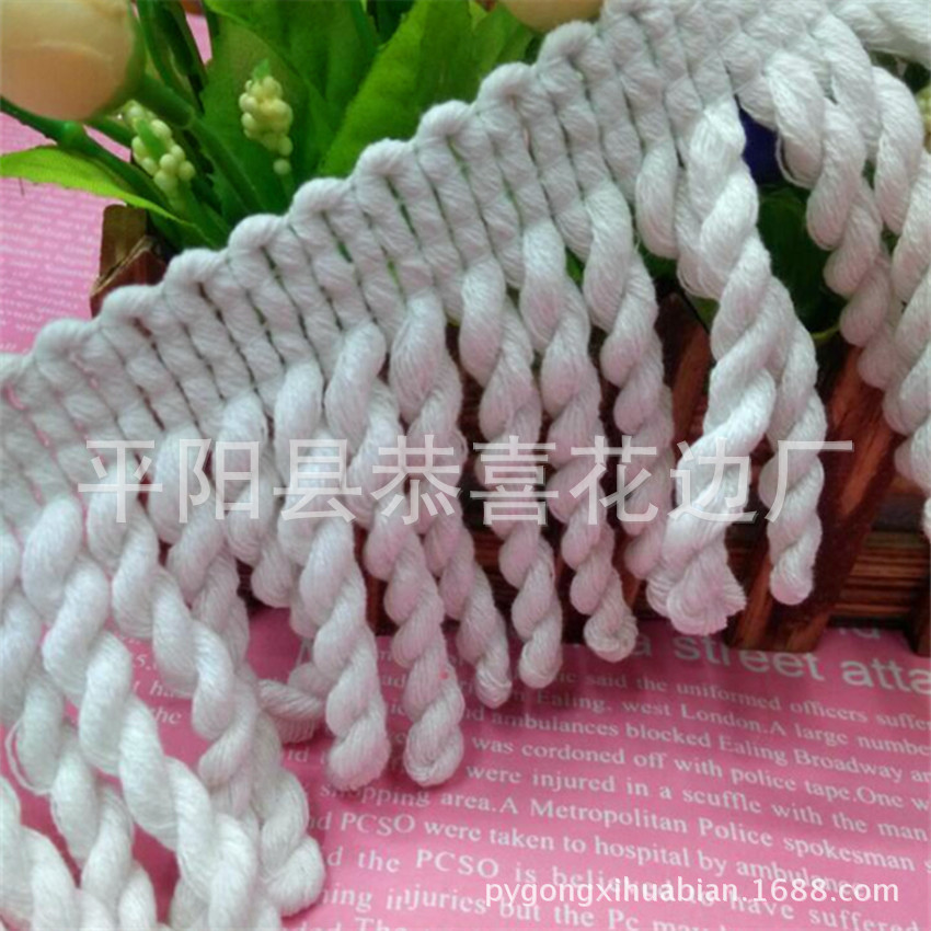 【绳排流苏】现货供应漂白棉线排须绳/供应9公分黑白麻花流苏绳