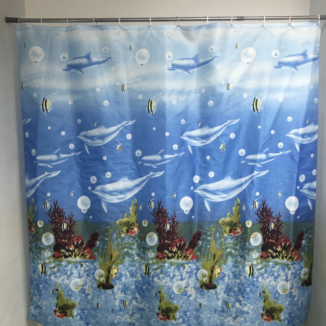 全涤浴帘点点布提花印花浴帘 金鱼图案 防水防霉