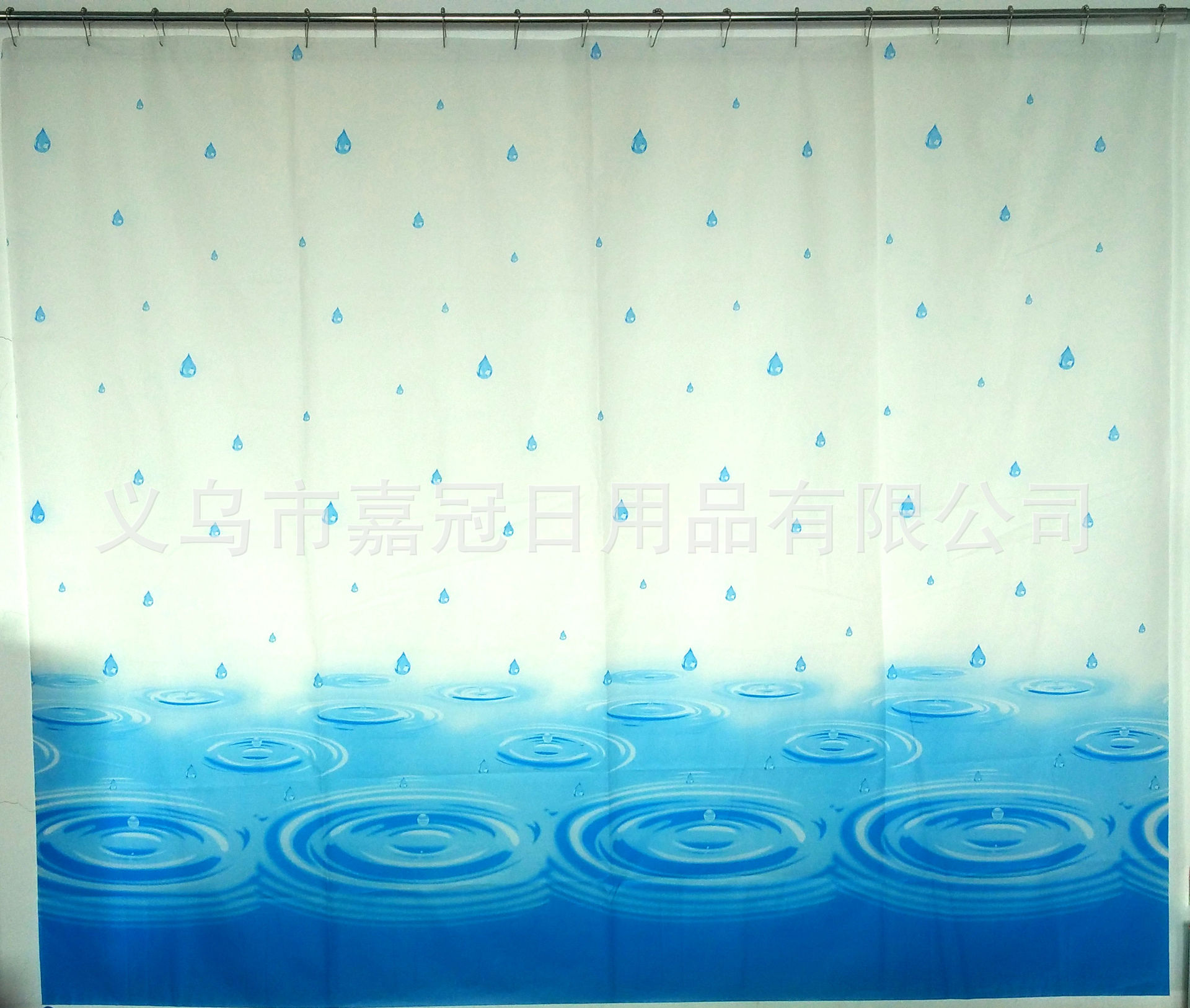 精装欧式蓝色水滴印花PEVA浴帘加厚防水洗澡帘