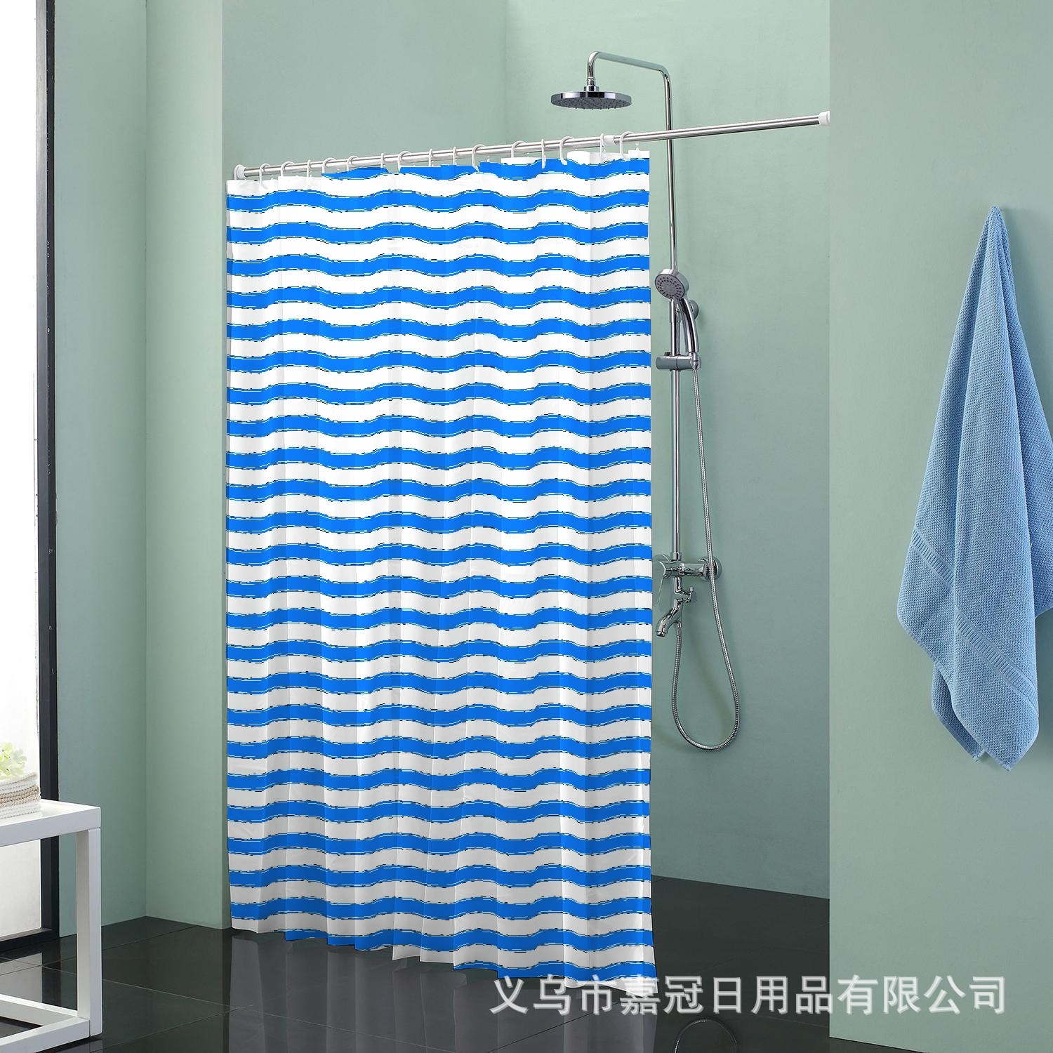 蓝色波浪条纹印花 涤纶条纹浴帘 门帘窗帘批发