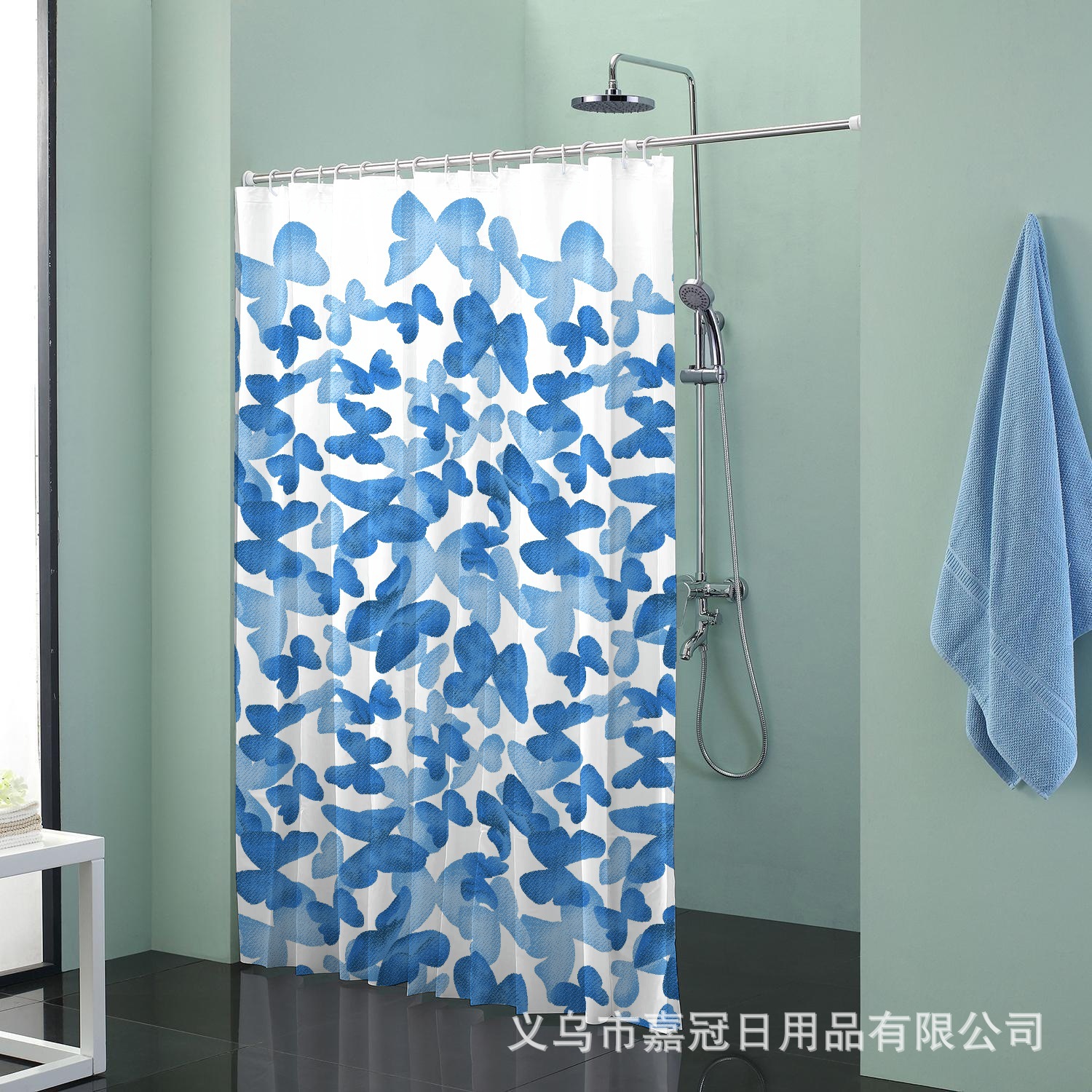 唯美蝴蝶印花图案涤纶浴帘 防水加厚防霉外贸浴帘布