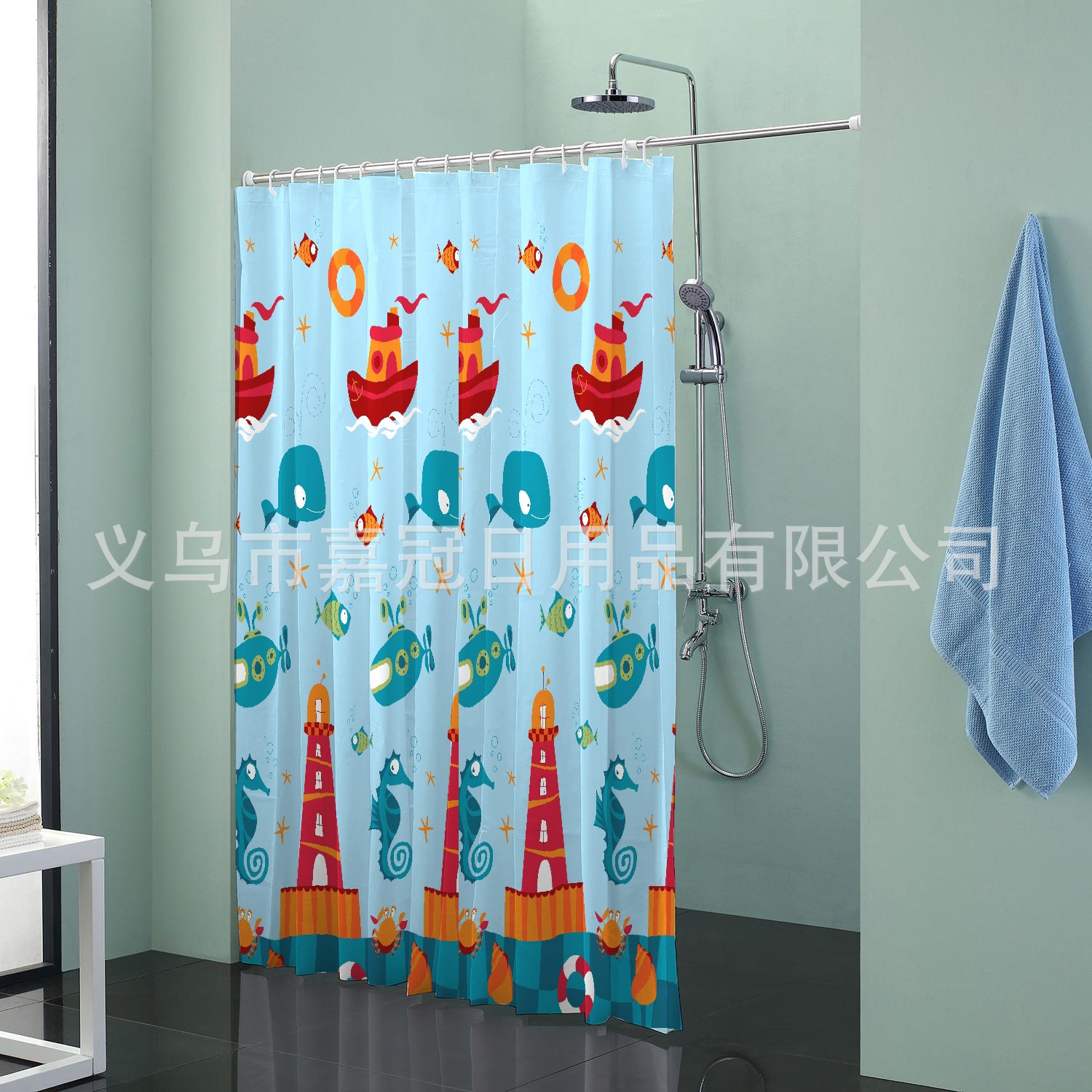 动漫卡通海洋生物鲸鱼印花涤纶浴帘 防水抗菌加厚日用品