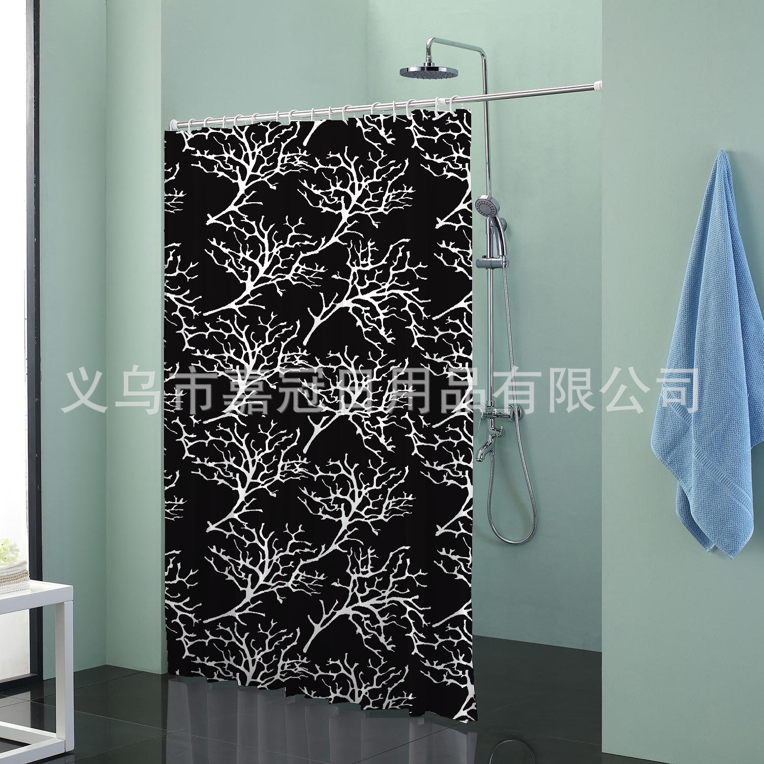 经典黑色条纹几何印花 涤纶浴帘 防水加厚防霉厂家订做淋浴帘