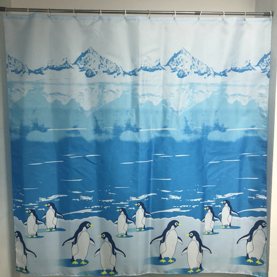 全涤浴帘钻石纹点点布再印花浴帘 企鹅图案防水防霉