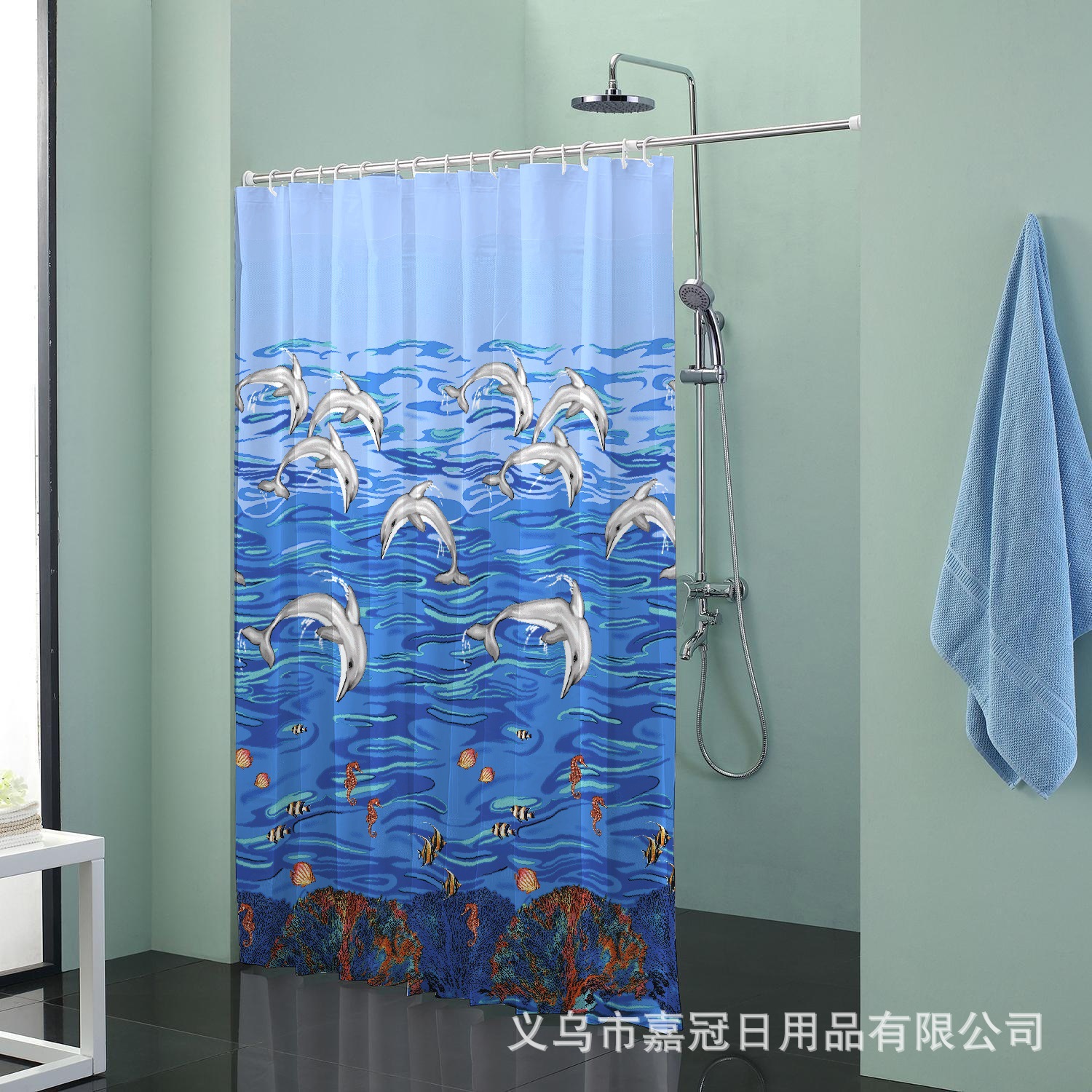 欧式海底世界海豚图案 涤纶浴帘 防水加厚防霉 厂家外贸出口