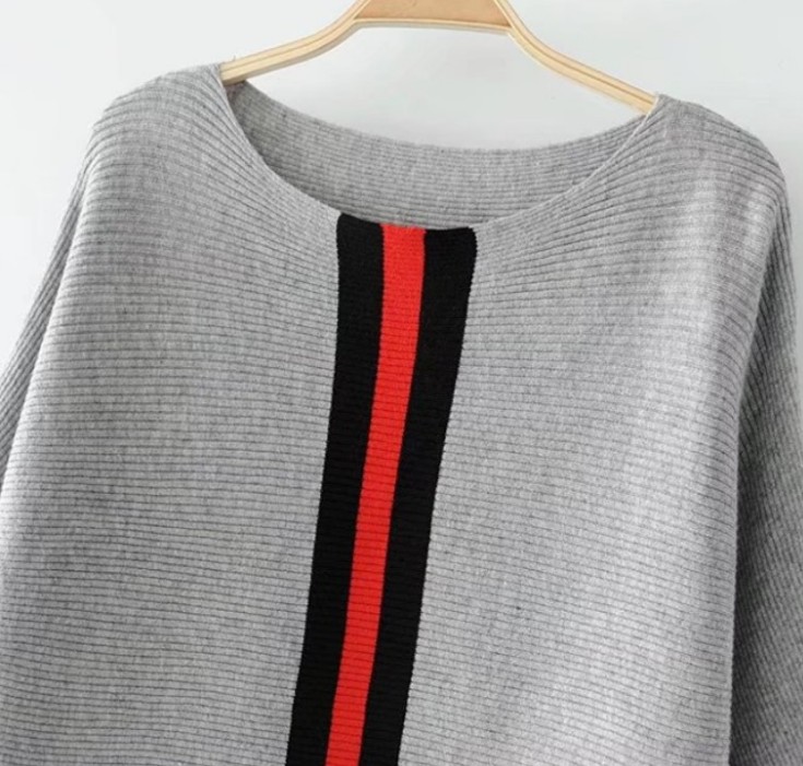 Foreign trade Day single vertical stripe contrasting color loose pullover sweater, women's short bat-sleeve knitted sweater details Picture