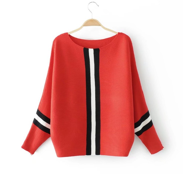 Foreign trade Day single vertical stripe contrasting color loose pullover sweater, women's short bat-sleeve knitted sweater