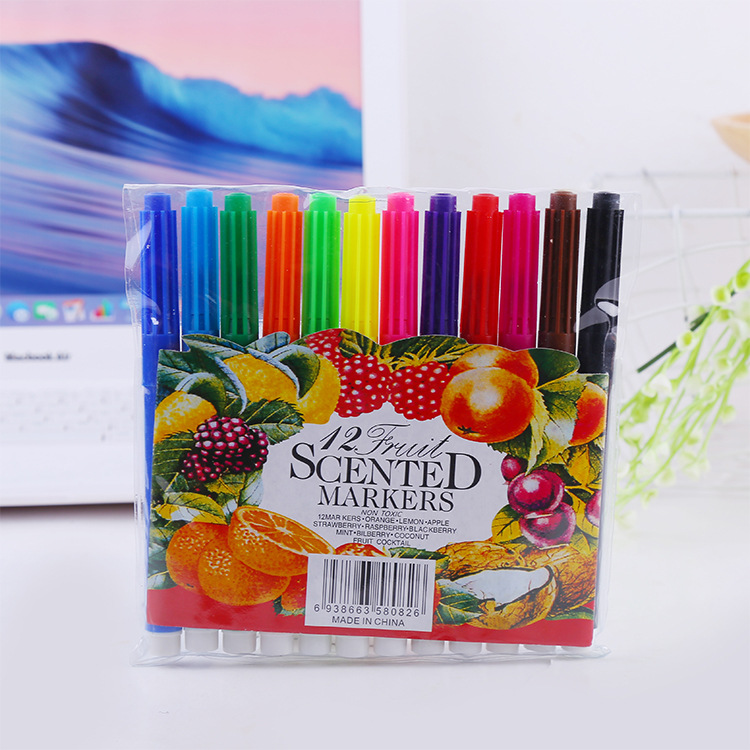 热销爆款环保安全无毒水果香味水彩笔12色装儿童涂鸦绘画用品批发图