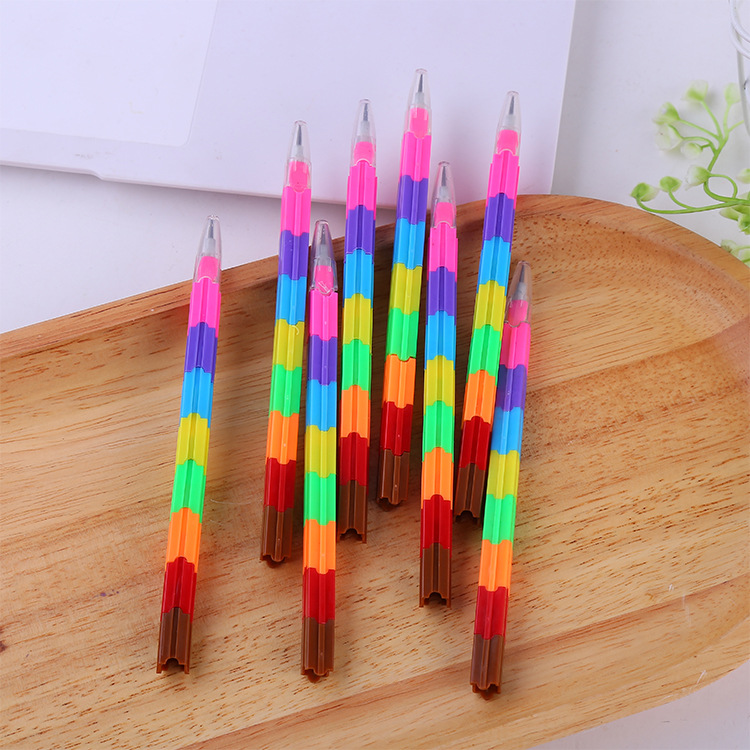 韩版文具 创意彩虹多功能子弹头积木笔铅笔百变变形8节彩色奖品