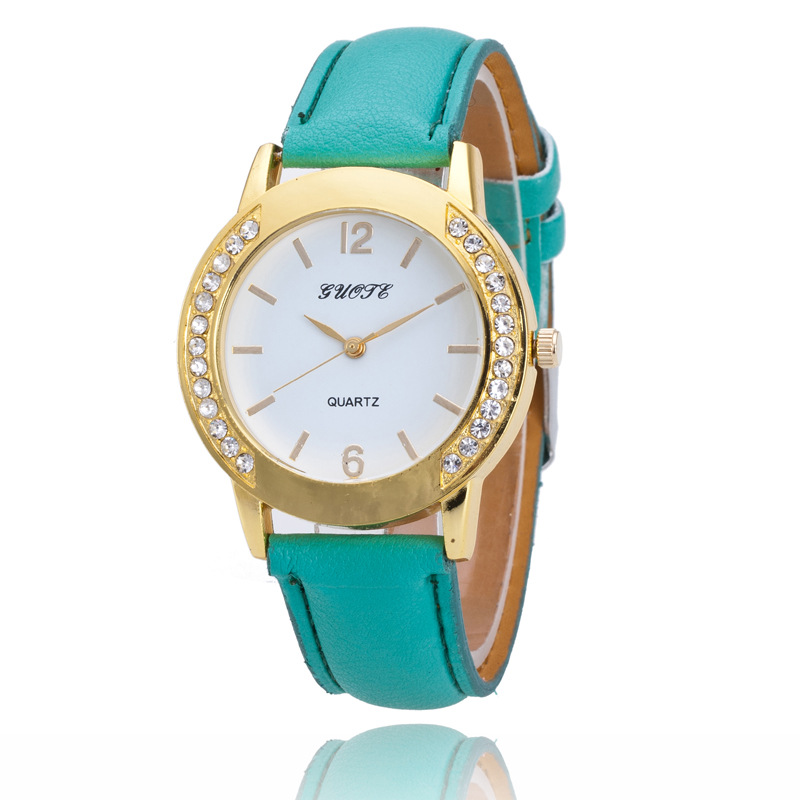 GUOTE正品简约休闲皮带圆形双排钻石英腕表女情侣手表学生包邮