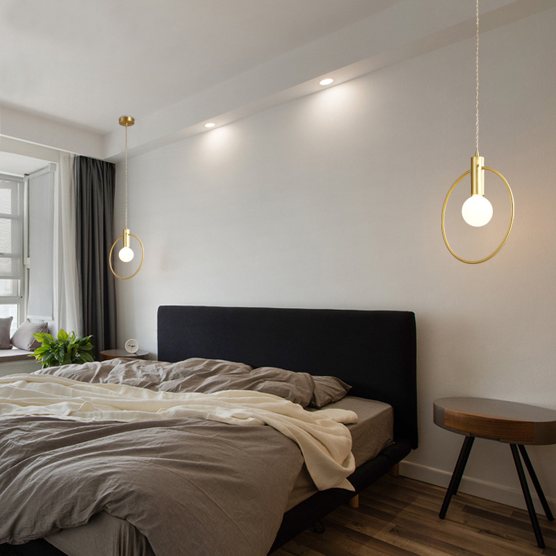 Nordic copper round bedroom bedside simple chandelier restaurant bar hotel single head small chandelier