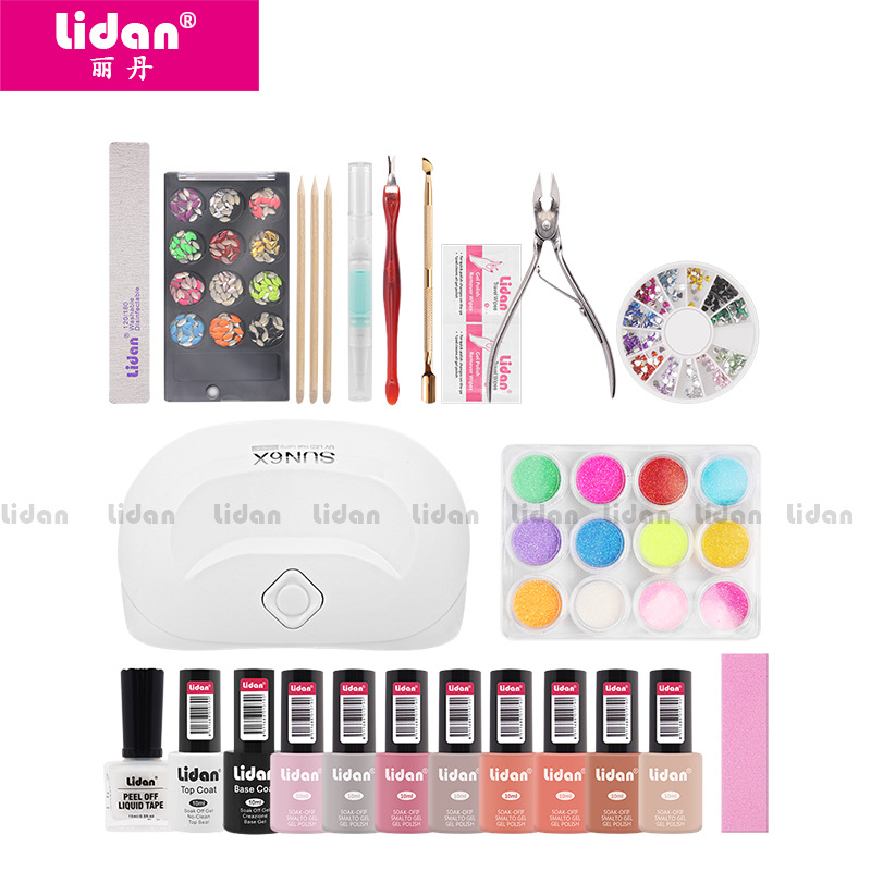 Lidan's new 16-piece nail art tool set for beginners, including light therapy lamps, nail polish, base glue, and sealing layer details Picture