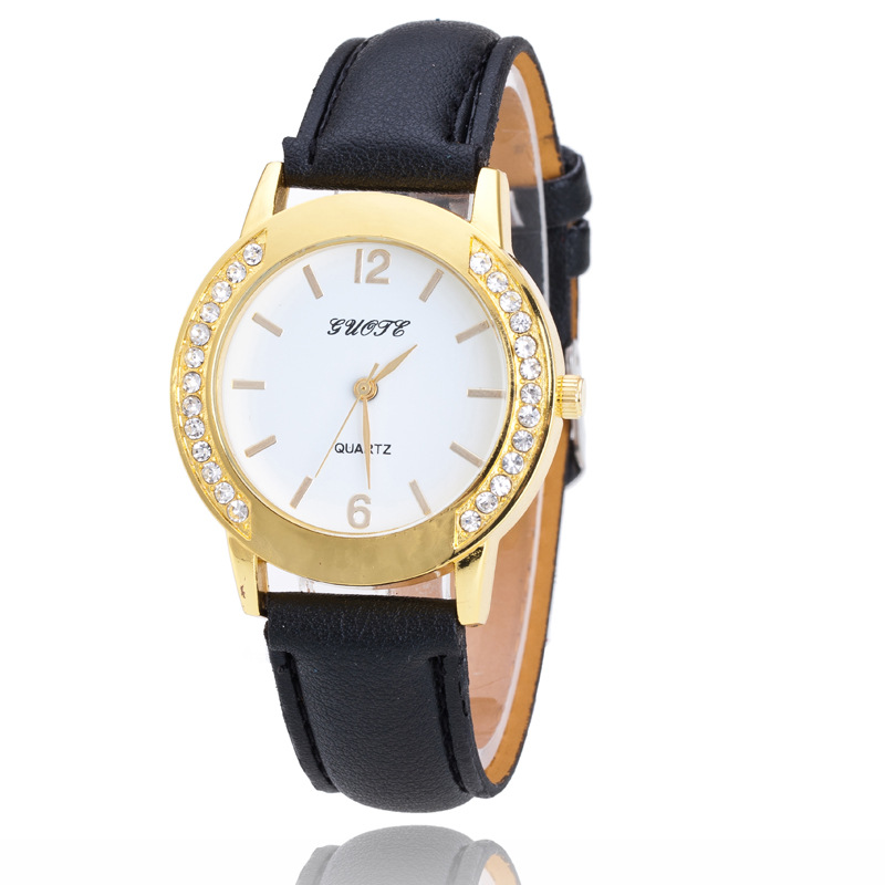 GUOTE正品简约休闲皮带圆形双排钻石英腕表女情侣手表学生包邮产品图