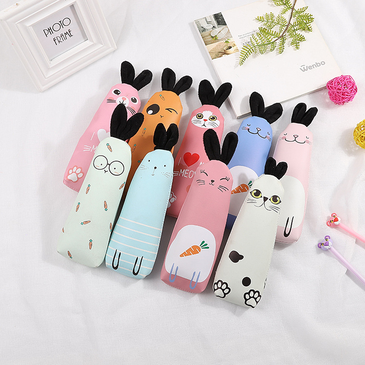 Japanese-style fresh and clean PU leather cartoon cute rabbit pen case, stationery storage bag, pencil case, student pen box