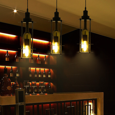 Retro American wine bottle lamp, loft industrial style dining chandelier, creative and personalized glass wine bottle chandelier details Picture