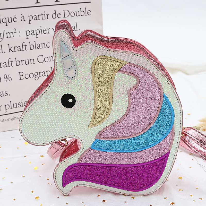 Jinjiduo Cartoon Sweet Unicorn crossbody bag, creative and cute girl key case, zipper short style PU leather details Picture