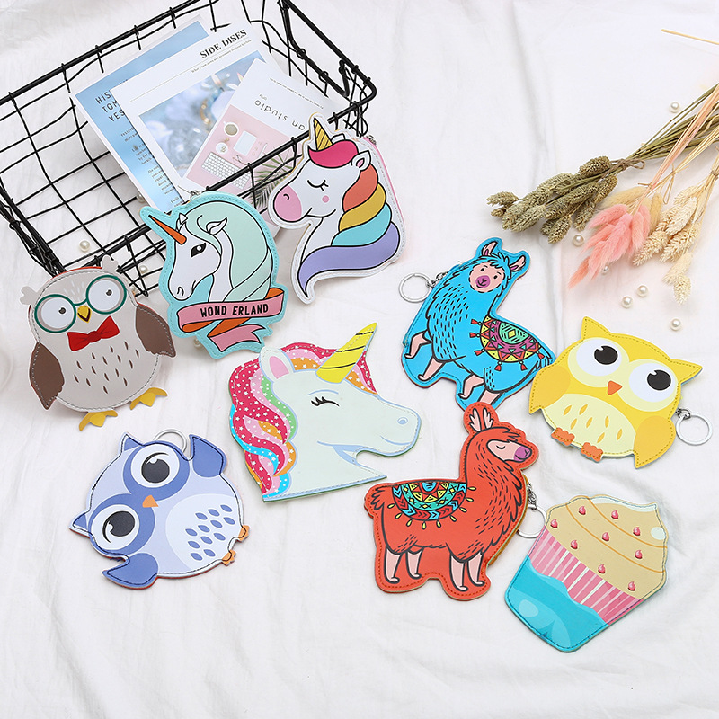Pink girlish animal-shaped PU storage coin purse, cute card case bag with keychain, wholesale