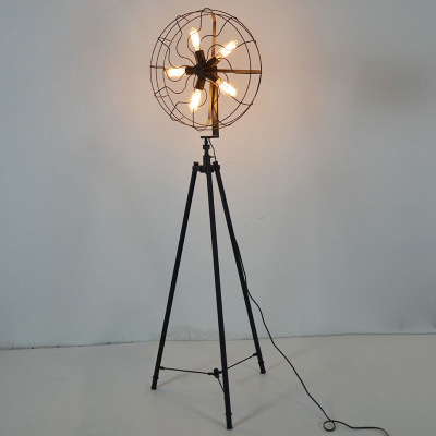 Nordic retro industrial floor bedroom, living room, bedside lamp, fan lamp, three-legged floor lamp