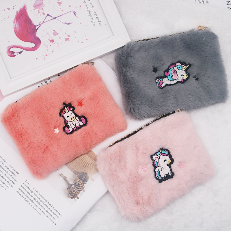 Jinjiduo Creative Card Tong Cute Plush Embroidered Unicorn Wallet Short and Personalized loose Change makeup Storage bag