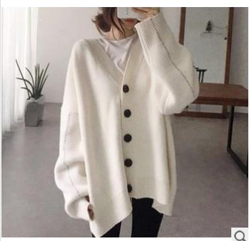 Lazy solid color loose large-size temperament cardigan sweater coat V-neck mid-length sweater for women