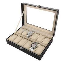 PU leather box manufacturer custom wholesale day word lock 12-bit watch box needle pattern window transparent cover watch box