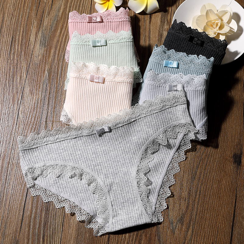 Cotton Women's Panties Ribbed Lace Triangle Bottoms Sexy Cotton File