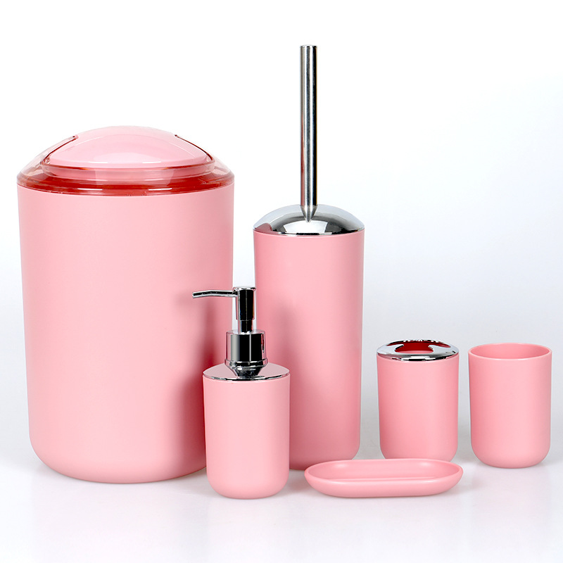 纯色塑料卫浴六套件洗漱用品套装浴室 酒店家居垃圾桶 牙刷杯