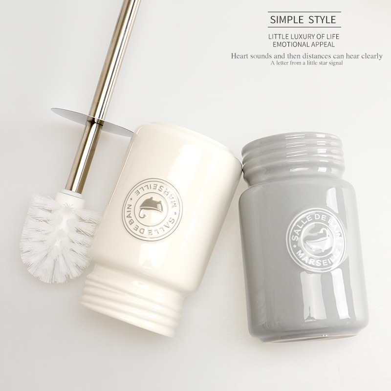 陶瓷底座马桶刷套装 欧式不锈钢长柄厕所清洁刷尼龙软毛刷子图